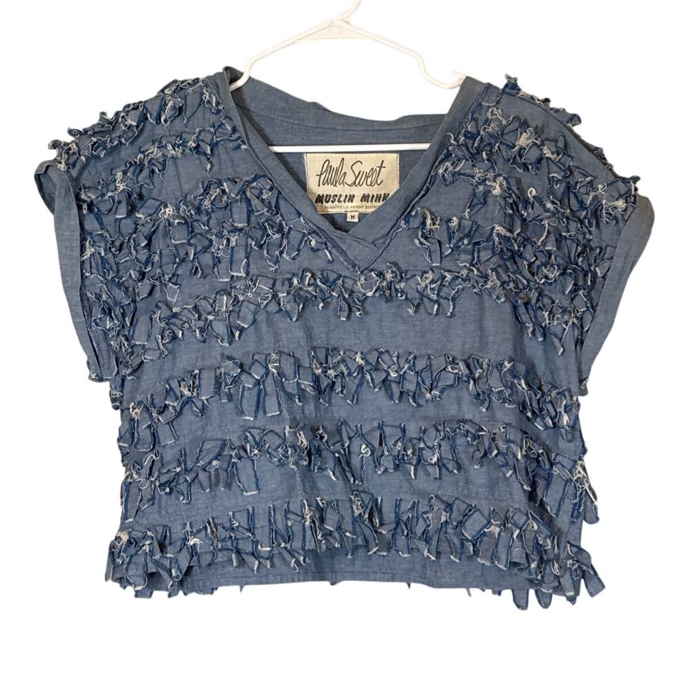 Paula Sweet Muslin Mink Blue Blouse Short Sleeve Womens Medium Boho Vintage